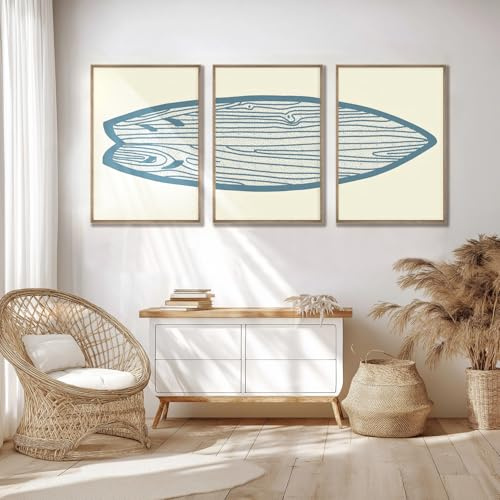 AntExpanse Wandbilder 3er Set Surfbrett Deko, Leinwand Bilder auf Holz-Keilrahmen, Moderne Maritime Deko für Wohnzimmer, Schlafzimmer & Flur - Strand & Meer Poster, Blau (25x40cm x3)