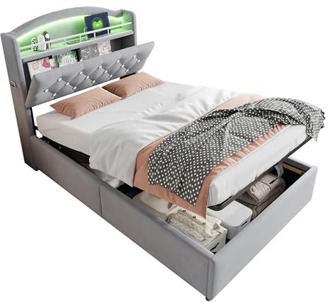 Azkoeesy LED-Polsterbett Einzelbettgestell 90 x 200 cm, mit Bettkasten, mit Staumraum und Ablage im Kopfteil, mit Lattenrost, USB-Anschluss (Grau)