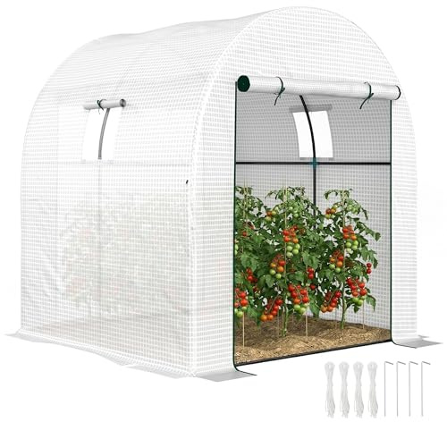 Outsunny 1,8 x 1,8 x 2 m Foliengewächshaus begehbar 2 große Türen Weiß | 2 Netzfenster, Grow-House-Zelt, UV-beständige PE-Abdeckung, Stahlrahmen