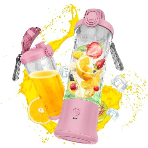 PZCC Blender Portable, 600ml Blender Smoothie 22000 TR/min Puissant Mixeur Smoothie avec 6 Lames pour Shakes et Smoothies, Mixeur Portable Convient pour les Voyages, à Domicile, Camping (Rose)