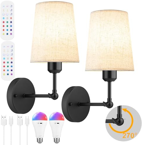Ostwiki 5200mAh Black Battery Operated Wall Sconces Set of 2,270°Rotation | Rechargeable Wall Lights Indoor With E27 RGB Dimmable Bulbs and Remote,Cordless Wall Lamp for Bedroom Bathroom Living Room