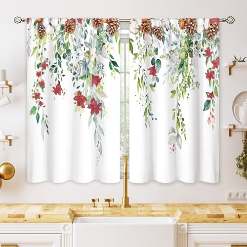 oolygoo Red Flower Eucalyptus Botanical Leaves Sage Green Christmas Floral Kitchen Window Curtains Over Sink Leaf Small Treatment Cafe Short Curtains for Bathroom Treatment Tier Drapes 27.5x39 inch