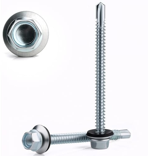 60PCS Roofing Screws with Rubber Washers 4.8x55 mm Self Drilling Screws for Metal Self Tapping Screws Hex Head Zinc Plated Corrugated Roof Fixings Cladding Steel Screw for Tin Roof
