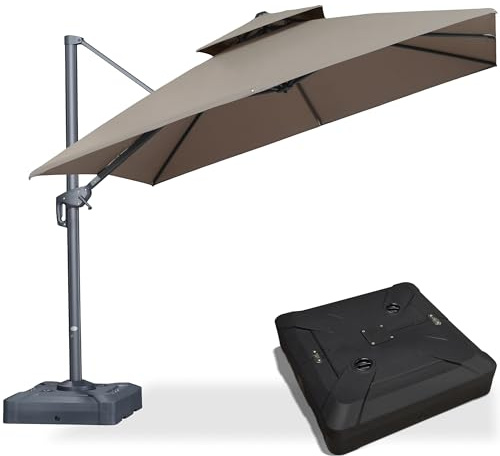 PURPLE LEAF Parasol Déporté 3 x 3 m Carré avec Pied et Toile Imitation Acrylique, Parasol De Jardin Extérieur à Double Toit Ventilé, Anti-vent, Rotation 360°, Protection UPF 50+, pour Jardins, Taupe