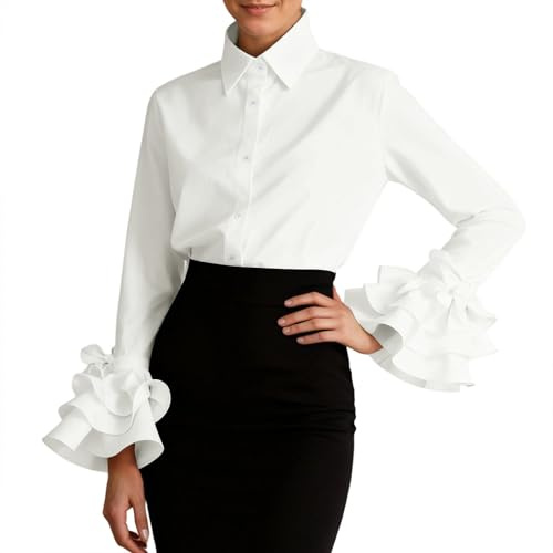 Generisch Elegante camisa informal con puños de volantes y detalle de corbata para un estilo femenino y cómodo para el día a día, Blanco, L