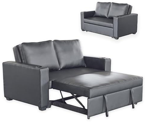 Hoclauho 2-Sitzer Schlafsofa mit Ausziehfunktion – Multifunktionales Sofabett mit Getränkehaltern & Kissen, PU-Leder Couch für Wohnzimmer, Gästezimmer oder Home-Office (Hellbraun)