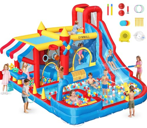 GYMMALL Inflatable Bounce House Water Slide with 550 W Blower, Blow up 10-in-1 Waterslide Park Bouncy Castle Outdoor and Indoor, Bouncer House with Toy Market Stand, Splash Pool and Climbing Wall