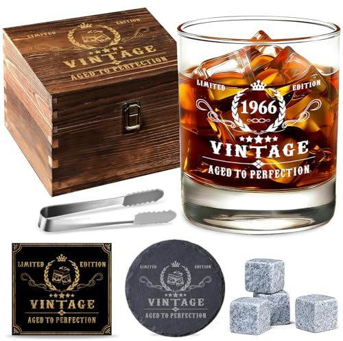 Geschenke zum 60. Geburtstag für Männer, Vintage 1966 Whisky Gläser Set, inklusive edler Holzbox und Grußkarte, Retro Whisky-Becher für Ihn, Papa, Ehemann und Freund
