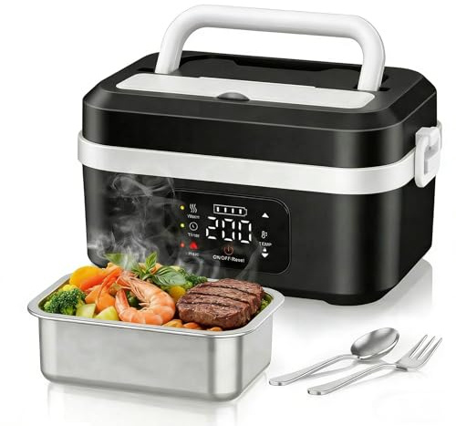 Lonchera Eléctrica con Batería 1L para Adultos con Pantalla LCD | Temporizador y 6 Niveles de Temperatura 65-90℃, Hermética con Bolsa Aislante Incluida