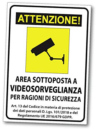 ATTENZIONE! - Adesivo per Segnaletica Cartello Videosorveglianza in Pvc - Impermeabile autoadesio- Sicurezza e Privacy (A4 21 x 29,7 cm)