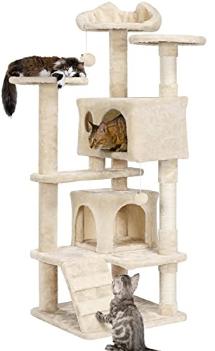 Yaheetech 139cm Cat Tree for Indoor Cats with Scratching Posts, Beige | Multilevel Cat Tower, 2 Condos, 3 Perches, Sisal Posts, Ladder, Safety Strap, for Small to Large Cats, FSC-Certified