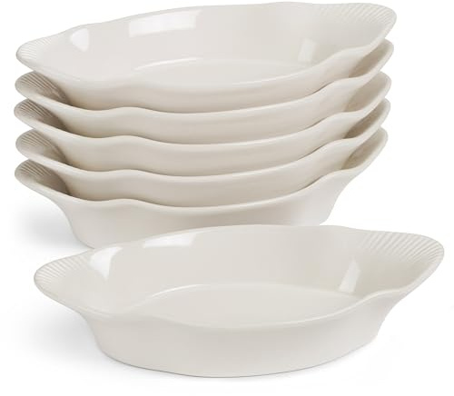 Au Gratin Baking Dishes, by Kook, Mini Casserole Dish, Set of 6, for Banana Split, Oven and Microwave Safe, Dishwasher Safe, Ceramic Dishes, Lasagna & Cobblers, Individual Serving, 12 oz (Ivory)