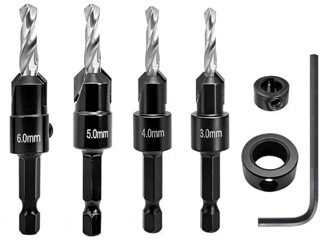 NORTOOLS Countersink Drill Bit Set, 4pcs TCT Wood Drills Woodworking Chamfer Counter with Pilot Drill and 1/4 Hex Shank Adjustable Countersink Set for Carpenters tools Woodworker Hobbyists 3 4 5 6mm