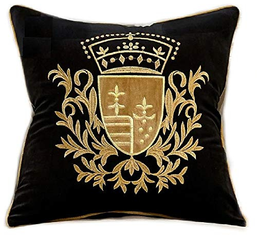 Brillabenny CUSCINO COVER LUXURY ROYAL Stemma Reale Corona Velluto Nero e Oro Gold, Giglio Sofà Arredo Casa Divano Lusso Yatch Poltrona Salotto (NERO ORO 2)