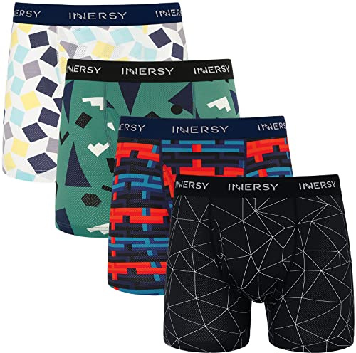 INNERSY Boxershorts herr mjuka kalsonger män med gylf andningsbara retroshorts 4-pack, Färgglad geometri, S