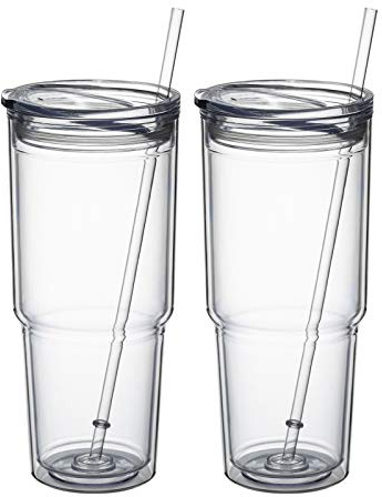 MEWAY 30oz/2 pcs Classic Insulated Tumblers,Double Wall Acrylic Tumbler with Lid，Reusable Plastic Insulated Tumblers with Straw，for cold drinks, sand ice, whatever you like(transparent,2 pack)