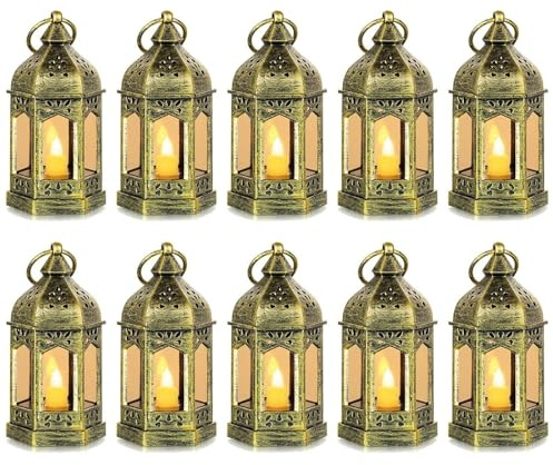 Mini Lantern with Flickering LED Candles Set of 10, Hewory Gold Vintage Decorative Hanging Candle Lanterns for Halloween, Christmas, Wedding Decorations, Party, Table Centerpiece, Battery Included