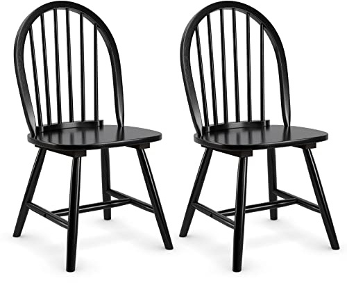 COSTWAY Set of 2 Dining Chairs, Solid Wood Side Chairs with High Spindle Back, Country Style Home Kitchen Dining Room Furniture 2PCS Leisure Chair Seats (Black)