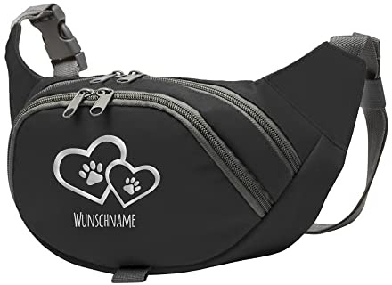 Hundesport Bauchtasche Leckerlie-Tasche mit 2 Herzen, 2 Pfoten und Wunschnamen personalisiert | Hundetraining | Leckerlie Beutel (Schwarz/Silber)