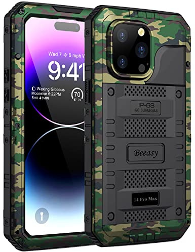 Beeasy für iPhone 14 PRO MAX Wasserdicht Outdoor Hülle (6,7), Stoßfest Panzerhülle 360 Grad Schutzhülle mit Displayschutz, Robust Metall Heavy Duty Handyhülle iPhone 14 Pro Max Case, Camouflage