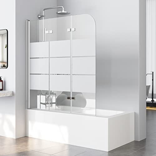 Duschwand für Badewanne 120x140 cm, Badewannenaufsatz Duschwand Gestreift 3 teilig Faltbar 5 mm ESG Sicherheitsglas Duschabtrennung Badewanne