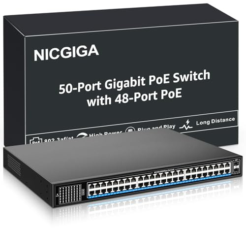 48 Port Gigabit PoE Switch Unmanaged with 48 Port IEEE802.3af/at PoE+@400W, 2 x 1G SFP, NICGIGA 50 Port Network Power Over Ethernet Switch, Desktop/Rackmount