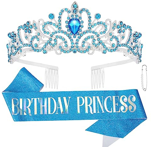 CIEHER Princess Crown and Sash Set, Blue Birthday Crown and Tiara for Girls and Women, Happy Birthday Accessories