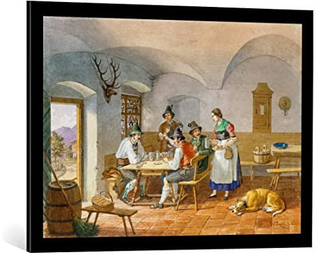 kunst für alle Bild mit Bilder-Rahmen: Lorenzo Quaglio Kartenspielende Bauern - dekorativer Kunstdruck, hochwertig gerahmt, 85x60 cm, Schwarz matt
