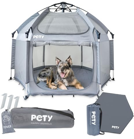PETY Set box per cani – 150 x 100 cm tenda mobile per cani con borsa per il trasporto, tetto UV e tappetino – recinto per animali domestici e interni – accessori da viaggio per il campeggio –