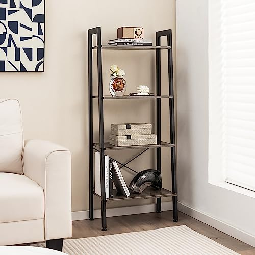 GOPLUS Étagère de Rangement 4 Niveaux en Métal, Bibliothèque Style Industrielle sur Pied avec Dispositif Anti-basculement & Patins Réglables pour Salon, Chambre, Cuisine, Bureau(Chêne Gris)