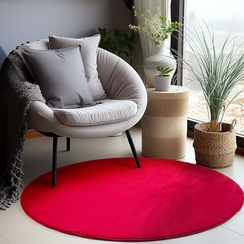 Einfarbiger Teppich Rund Wohnizmmer, Esszimmer, Schlafzimmer, Küchenteppich Waschbar Runder Teppich Rot Flauschig Kurzflor Carpet, Größe: 160 cm Rund