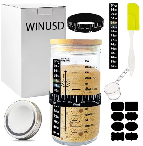 WINUSD 7PCS Sourdough Starter Kit, 24Oz Sourdough Starter Jar with Date Feeding Elastic Band, Measuring Cup, Chalkboard Labels, Thermometer Strip, Silicon Spatula, Two-piece Removable Aluminium Cap