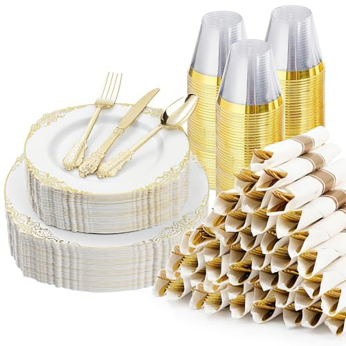 Bestluck 350PCS Gold Plastic Plates for 50 Guests, Disposable Dinnerware Sets Include 100 Gold Rim Plastic Plates, 50 Silverwares, 50 Cups, and 50 Pre Rolled Napkins for Party, Wedding, Graduation