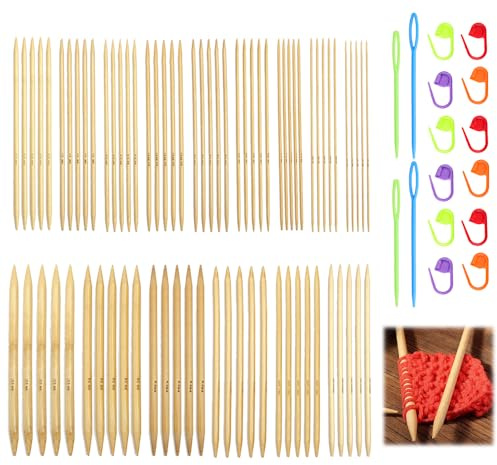 MININUSI 75 Stück Bambus-Stricknadeln, 15 cm, Bambus-Stricknadeln, gerade Stricknadeln, doppelspitzige Holzstricknadeln, 2–10 mm, zum Stricken + 10 Häkelmarkierer, 4 Nadeln mit großem Öhr
