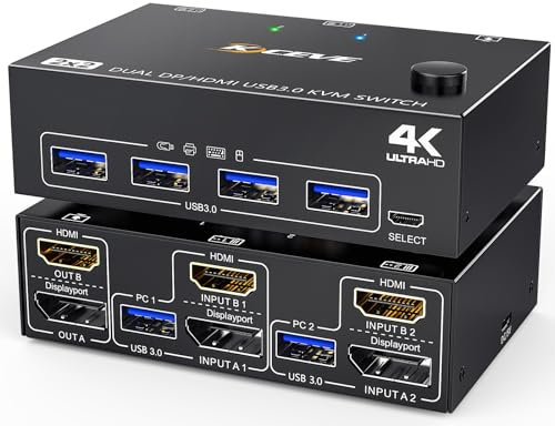USB 3.0 HDMI + DisplayPort Switch KVM 2 PC 2 Monitor 4K@60Hz 2K@120Hz, MLEEDA KVM Switch Dual Monitor con 4 Porte USB 3.0 per Tastiera, Mouse, Dotato Telecomando Cablato e Cavi