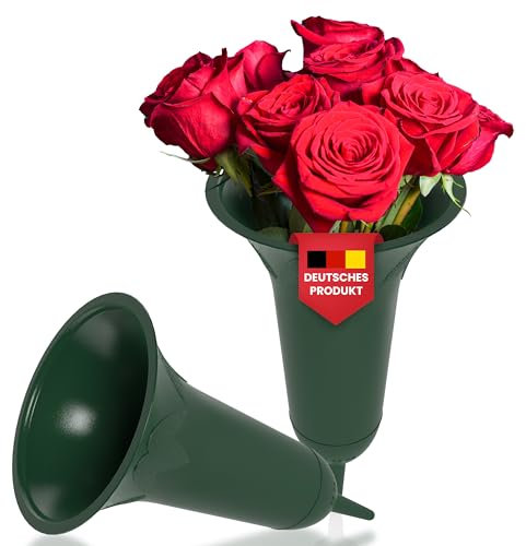 2 Stück Oramics Grabvase mit Erdspieß zum Stecken 26 cm – Blumenvase aus recyceltem Kunststoff für Nass- und Trocken-Blumen als Grabdeko – Vase als Grabschmuck für Erdbestattungsgrab oder Urnengrab