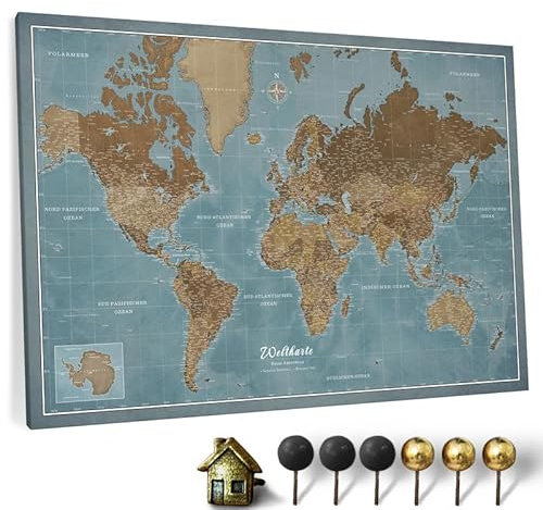 Hochwertige Canvas Weltkarte mit Kork-Pinnwand - Deutsche Beschriftung - Dekorative Wanddeko für alle Zimmer - Leinwandbilder mit Weltkarte Motiv (150x100 cm, Muster 2 Deutsch)