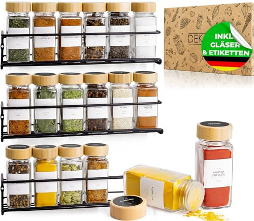 DEKOFY® Gewürzregal mit 18 Gläsern - zum Aufhängen für Wand & Schranktür - ohne Bohren - Gewürzregal Wand, Gewürzregal Schranktür, Gewürzregal hängend, Gewürz Organizer