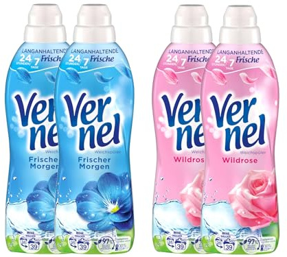 VERNEL Weichspüler-Set 4x 39 Waschladungen (156WL) 2x Frischer Morgen & 2x Wildrose, Wäscheduft für 24 Stunden & 7 Tage langanhaltende Frische mit einzigartiger Duft-Technologie