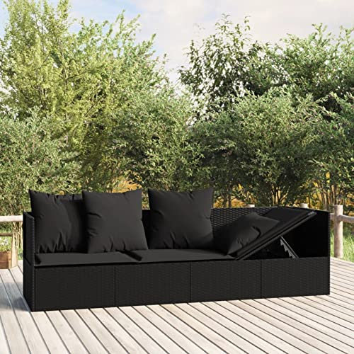 Chaduof Outdoor-Loungebett mit Kissen, Lounge Sofa Outdoor, Sonneninsel Outdoor, Outdoor Liege, Daybed Outdoor, Outdoor Bett, Garten Lounge, Schwarz Poly Rattan
