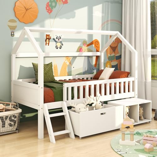 Kinderbett 90x200 cm mit Rausfallschutz, Kinder Hausbett mit Schubladen und Ablagefächern, Stabiles Holz Baumhausbett mit Lattenrost, Spielbett Haus Bett aus Kiefernholz für Jungen & Mädchen, Weiß