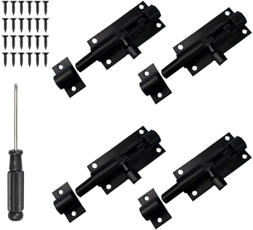 Scettar 4 Pack Heavy Duty Black Door Bolt Lock Barrel Sliding Latch Lock with 24 Screws and 1 Screwdriver for Doors, Windows, Cabinets, Fence Gates
