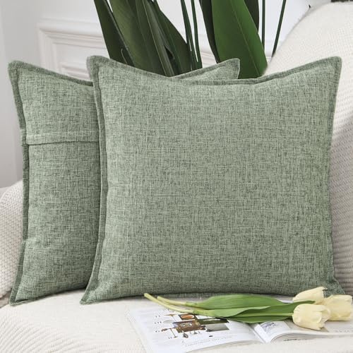 Madizz 2er Set Polyester- Leinen Kissenbezügen Weiche dekorative Kissenbezüge für Sofa Schlafzimmer Kissenhülle Graugrün 65x65 cm Quadrat