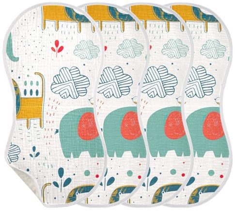 KLL - Musselin-Spucktücher für Babys, Mädchen, 4 Stück, große Baumwoll-Spucktücher, Unisex, weich, saugfähig, bequem, Spucktücher, Baby-Handtücher, niedliche Elefanten, Löwen