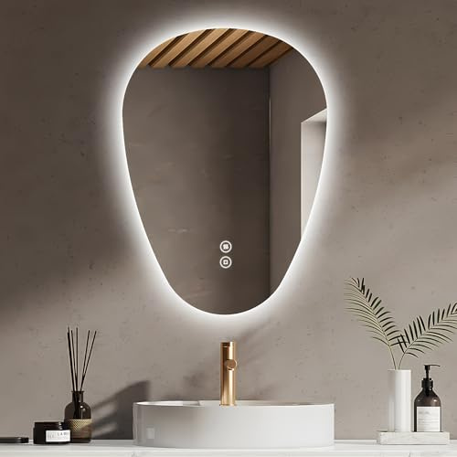 EMKE Badspiegel mit Beleuchtung Asymmetrischer LED Spiegel 70 x 50 cm, Touch-Schalter, Dimmbar 3 Lichtfarben, Beschlagfrei Badezimmerspiegel mit Beleuchtung IP44 Energiesparend