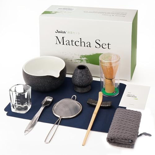 Joiish 10-Pcs Matcha Whisk Set, Matcha Kit with Measuring Spoon/Cup | Complete Matcha Tea Making Tools | Bamboo Whisk, Ceramic Bowl with Spout & Holder, Stainless Sifter, Gift, Charcoal Grey