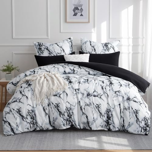 Aisbo Bettwäsche 200x220 3 teilig Bettdeckenbezug - Bettwäsche Set 220x200cm Marmor Schwarz Muster mit 2 Kissenbezügen 80x80 cm, Mikrofaser Bettbezug mit Reißverschluss, Bügelfrei und Weich