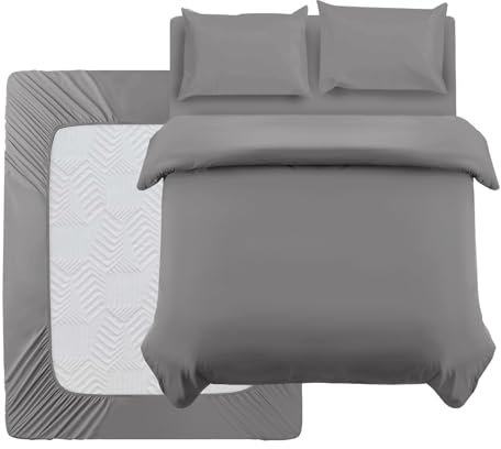 Oxford Homeware Double Duvet Set Grey Brushed Microfiber 4 Piece Double Bedding Set with Fitted Sheet and Pillowcases Soft Breathable Duvet Cover Sets