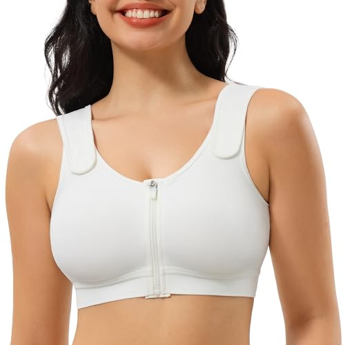 CYDREAM Zip Front Closure Wireless Bras for Women Full Coverage Post Surgery Compression Back Smoothing Comfort Adjustable (US, Alpha, X-Large, Regular, Regular, White)