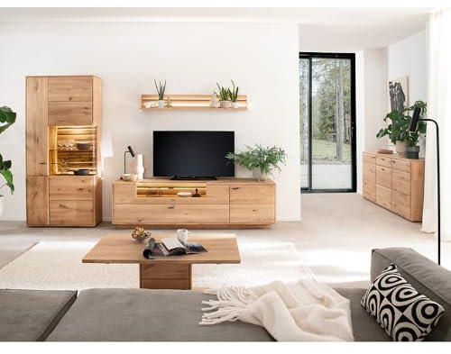 Lomadox Wohnmöbel Set Wohnwand in Eiche massiv geölt 5-teilig, 1 Vitrine, 1 Wandboard, 1 Lowboard, 1 Couchtisch, 1 Sideboard inkl. LED-Beleuchtung